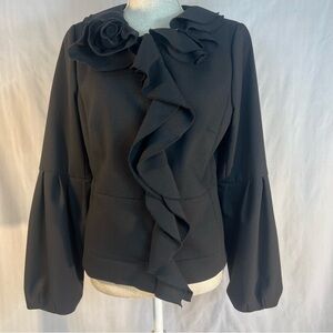 Magaschoni Collection Jacket Black Wool Blend Ruffle Collar & Bodice Pockets 8